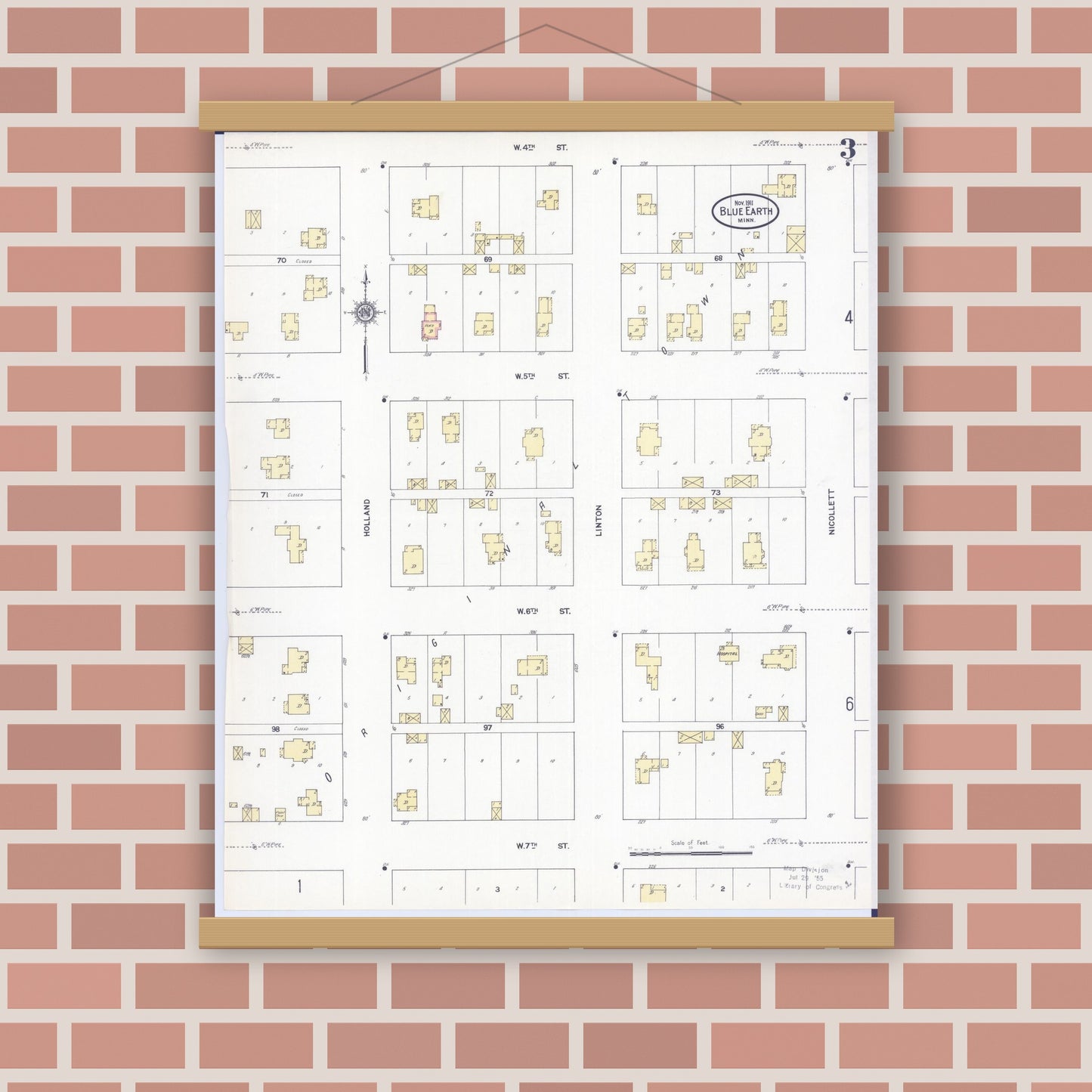 Old map wall art mockup — magnetic wood frame on brick wall — Sanborn Fire Insurance Map from Blue Earth, Faribault County, Minnesota (1911), Sheet #0003