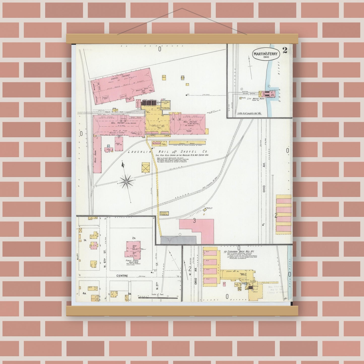 Old map wall art mockup — magnetic wood frame on brick wall — Sanborn Fire Insurance Map from Martins Ferry, Belmont County, Ohio (1900), Sheet #0002