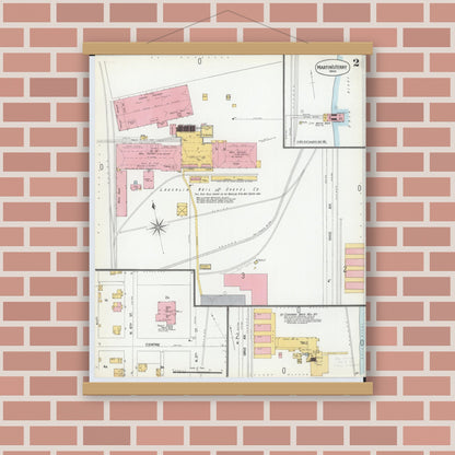 Old map wall art mockup — magnetic wood frame on brick wall — Sanborn Fire Insurance Map from Martins Ferry, Belmont County, Ohio (1900), Sheet #0002