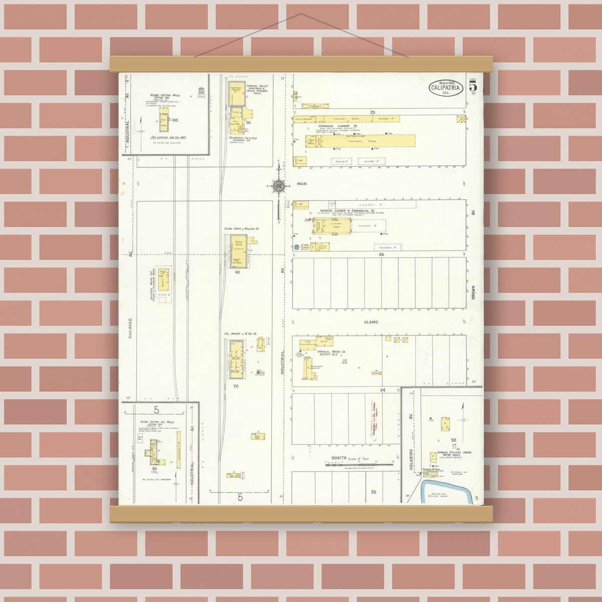 Old map wall art mockup — magnetic wood frame on brick wall — Sanborn Fire Insurance Map from Calipatria, Imperial County, California (1922), Sheet #0005