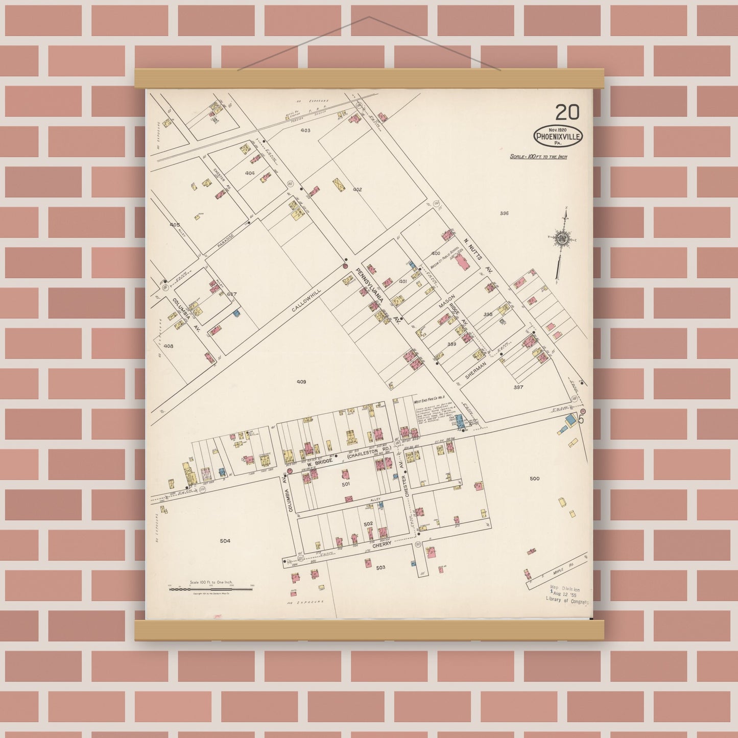 Old map wall art mockup — magnetic wood frame on brick wall — Sanborn Fire Insurance Map from Phoenixville, Chester County, Pennsylvania (1921), Sheet #0020