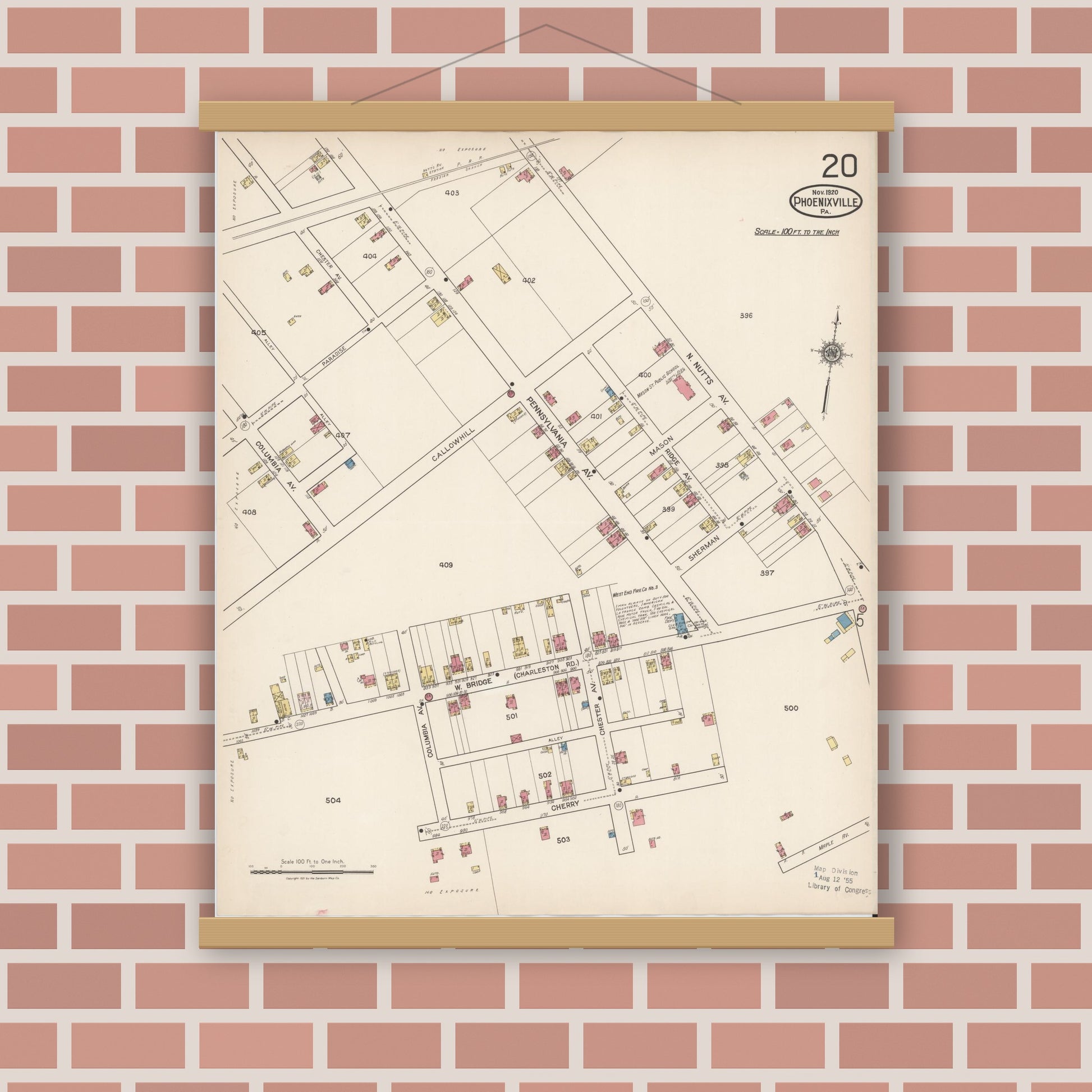 Old map wall art mockup — magnetic wood frame on brick wall — Sanborn Fire Insurance Map from Phoenixville, Chester County, Pennsylvania (1921), Sheet #0020