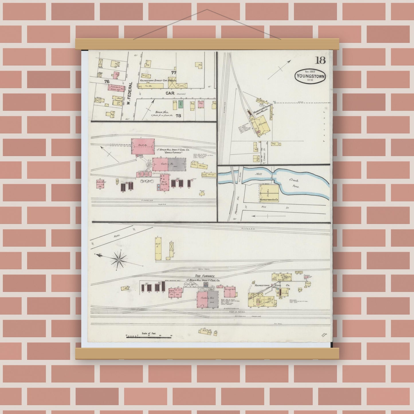 Old map wall art mockup — magnetic wood frame on brick wall — Sanborn Fire Insurance Map from Youngstown, Mahoning County, Ohio (1889), Sheet #0018