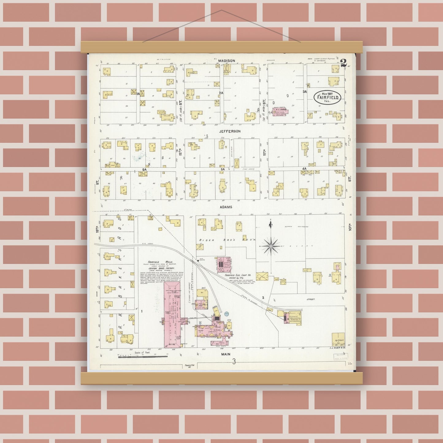 Old map wall art mockup — magnetic wood frame on brick wall — Sanborn Fire Insurance Map from Fairfield, Wayne County, Illinois (1907), Sheet #0002