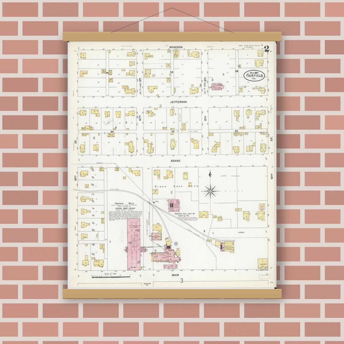 Old map wall art mockup — magnetic wood frame on brick wall — Sanborn Fire Insurance Map from Fairfield, Wayne County, Illinois (1907), Sheet #0002