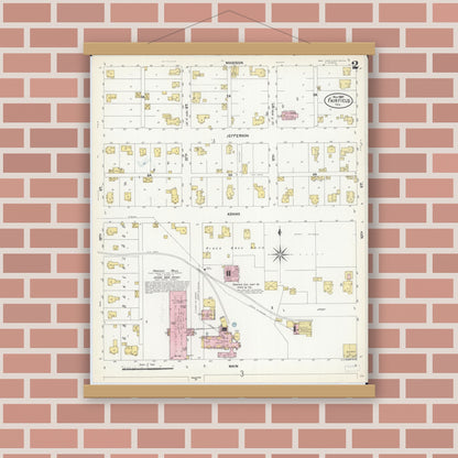 Old map wall art mockup — magnetic wood frame on brick wall — Sanborn Fire Insurance Map from Fairfield, Wayne County, Illinois (1907), Sheet #0002