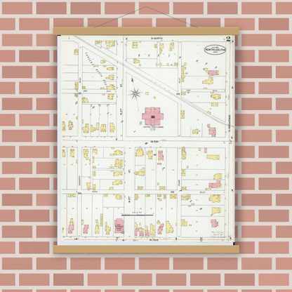 Old map wall art mockup — magnetic wood frame on brick wall — Sanborn Fire Insurance Map from New Philadelphia, Tuscarawas County, Ohio (1901), Sheet #0002