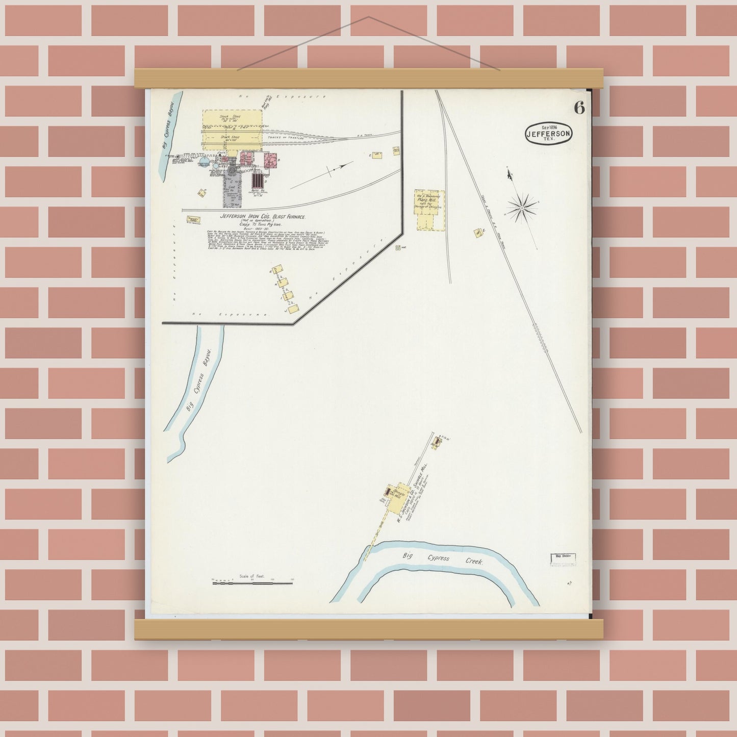 Old map wall art mockup — magnetic wood frame on brick wall — Sanborn Fire Insurance Map from Jefferson, Marion County, Texas (1896), Sheet #0006