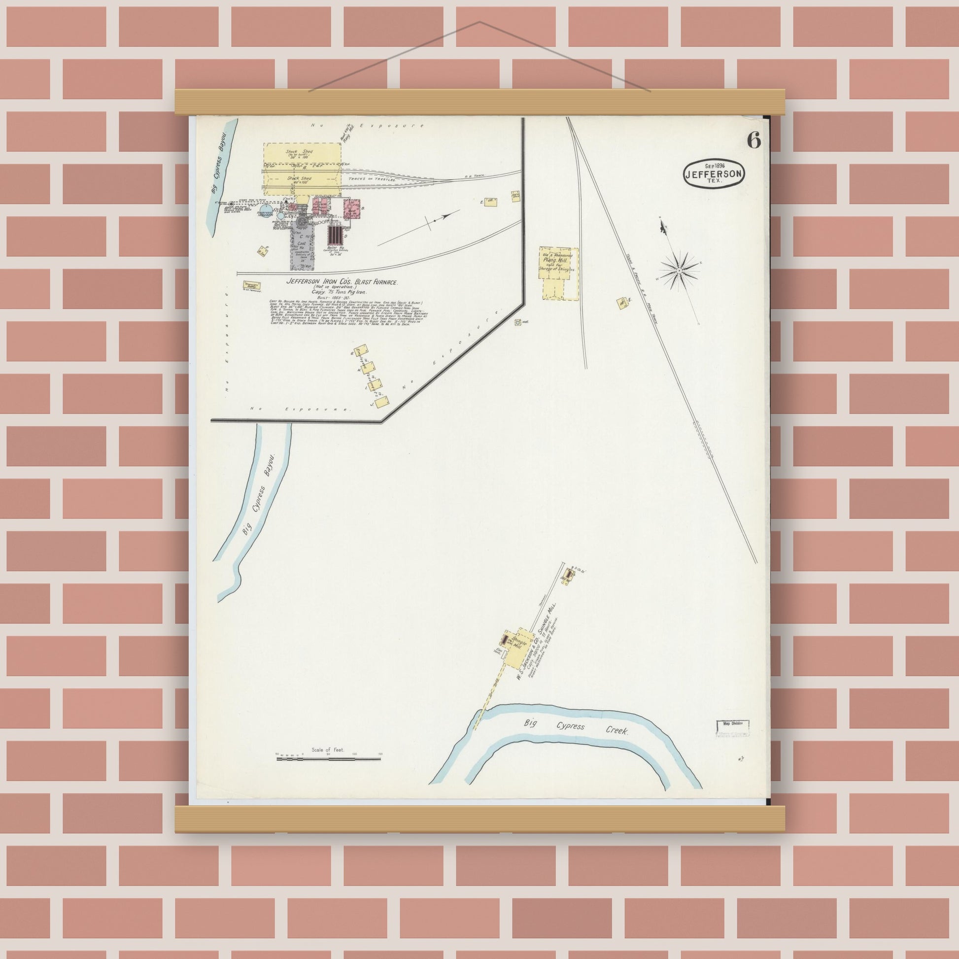 Old map wall art mockup — magnetic wood frame on brick wall — Sanborn Fire Insurance Map from Jefferson, Marion County, Texas (1896), Sheet #0006