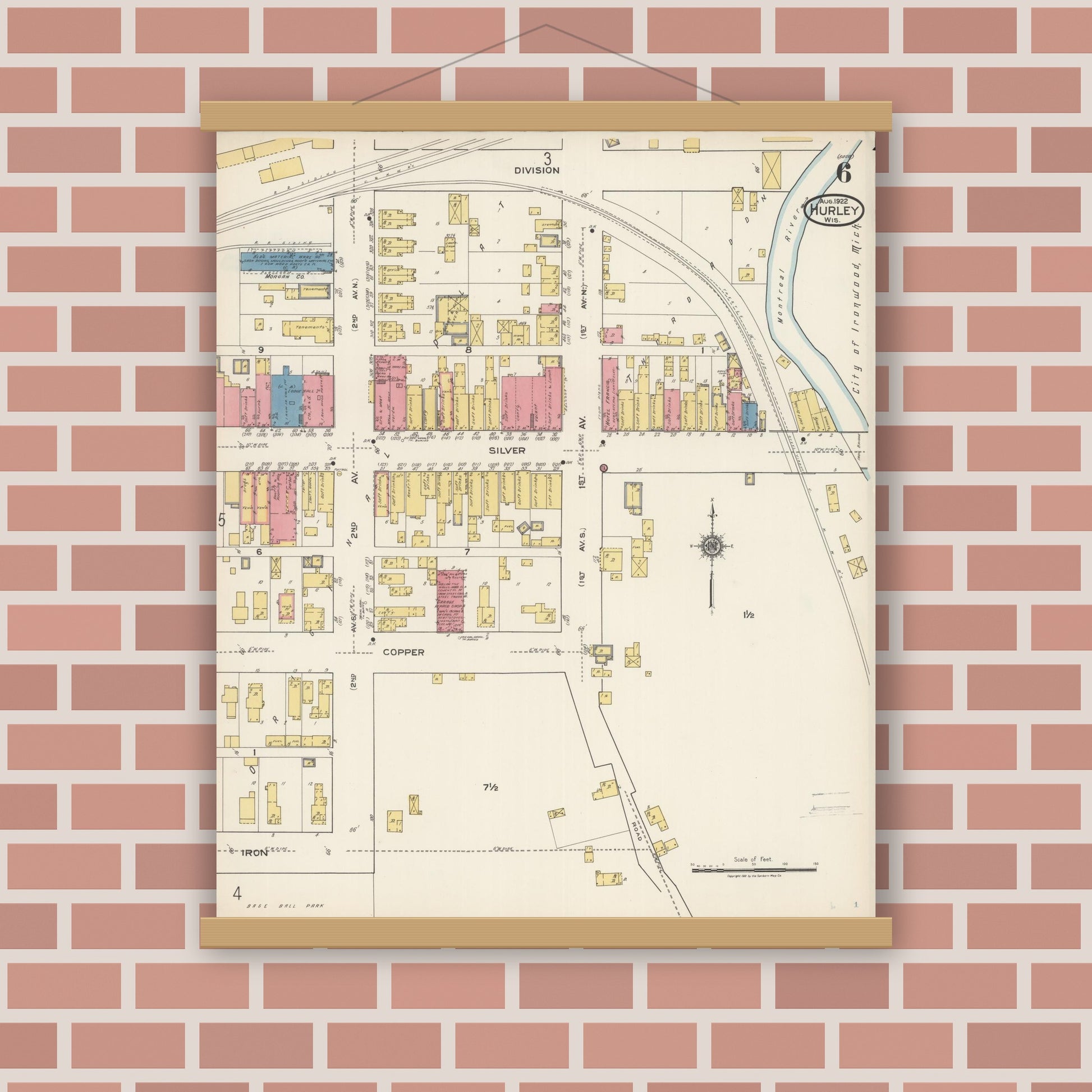 Old map wall art mockup — magnetic wood frame on brick wall — Sanborn Fire Insurance Map from Hurley, Iron County, Wisconsin (1922), Sheet #0006