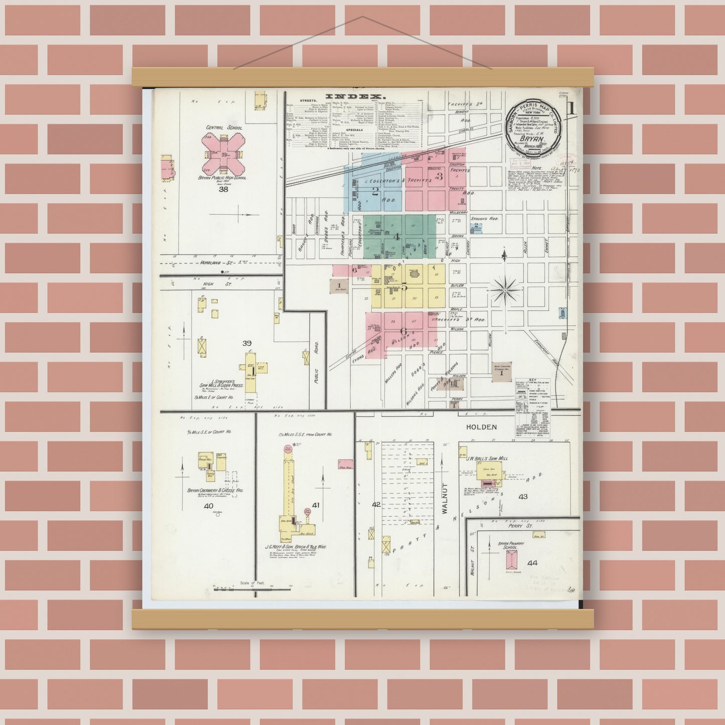 Old map wall art mockup — magnetic wood frame on brick wall — Sanborn Fire Insurance Map from Bryan, Williams County, Ohio (1893) - Complete Map Set