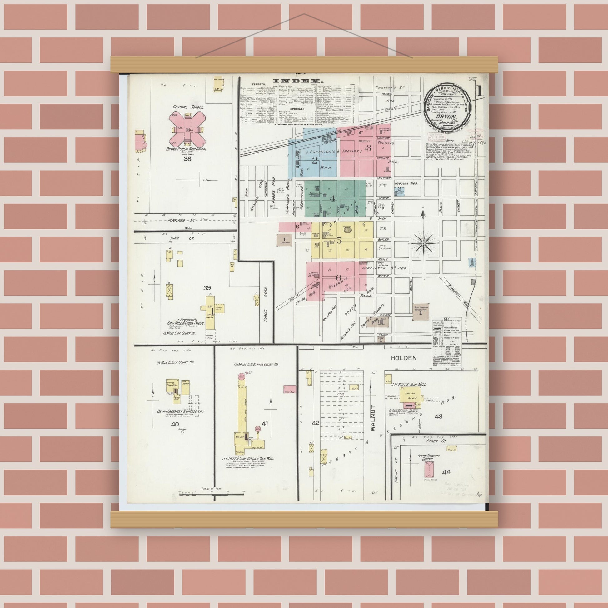 Old map wall art mockup — magnetic wood frame on brick wall — Sanborn Fire Insurance Map from Bryan, Williams County, Ohio (1893) - Complete Map Set