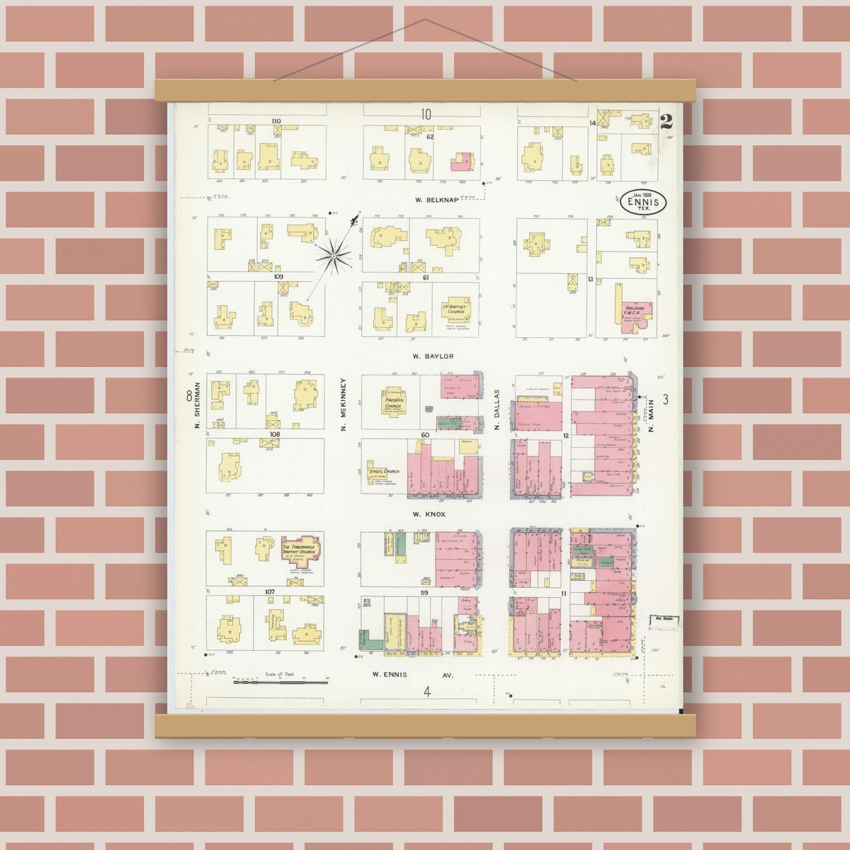 Old map wall art mockup — magnetic wood frame on brick wall — Sanborn Fire Insurance Map from Ennis, Ellis County, Texas (1909), Sheet #0002