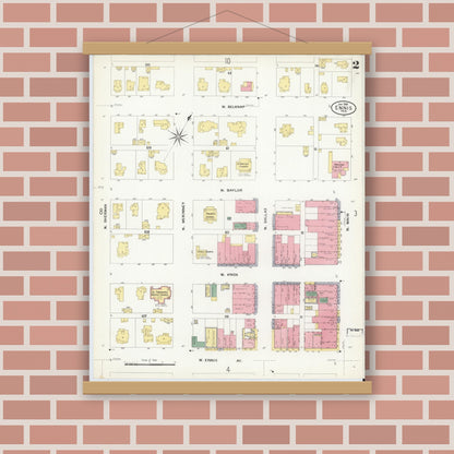 Old map wall art mockup — magnetic wood frame on brick wall — Sanborn Fire Insurance Map from Ennis, Ellis County, Texas (1909), Sheet #0002