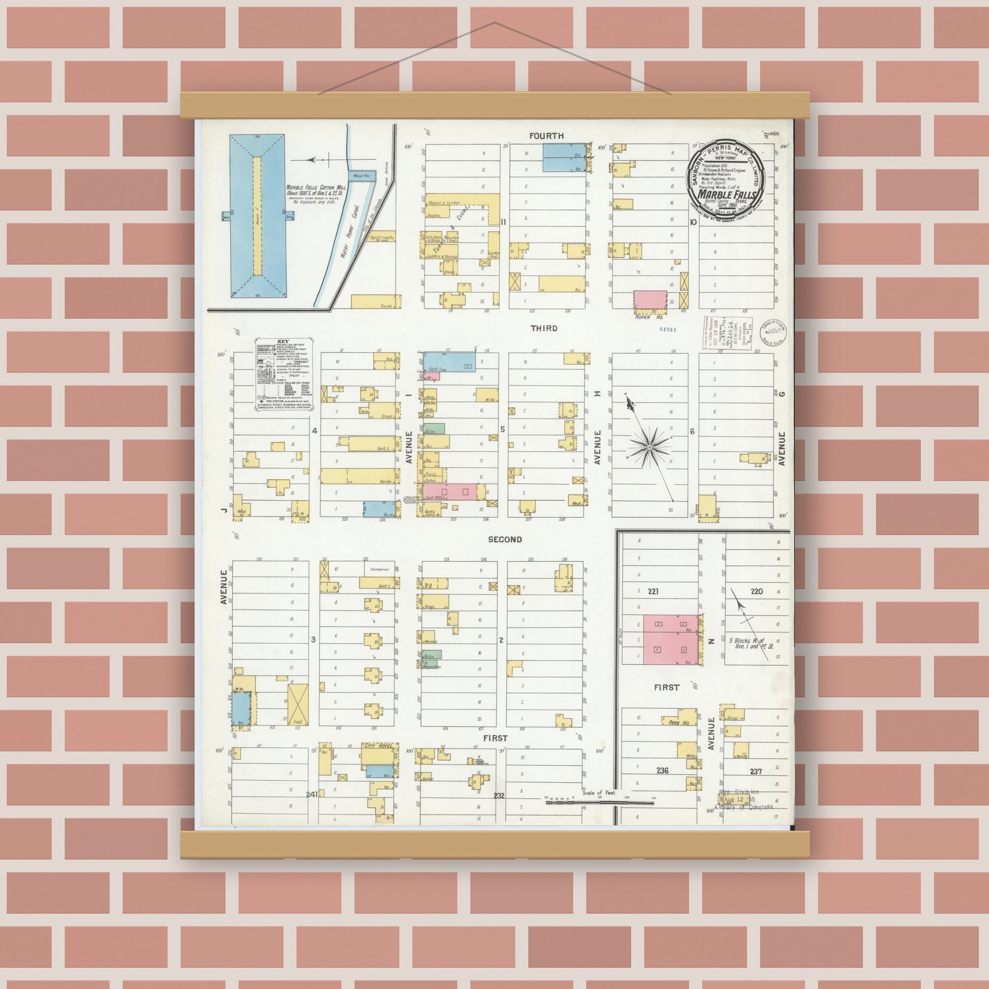 Old map wall art mockup — magnetic wood frame on brick wall — Sanborn Fire Insurance Map from Marble Falls, Burnet County, Texas (1900), Sheet #0001