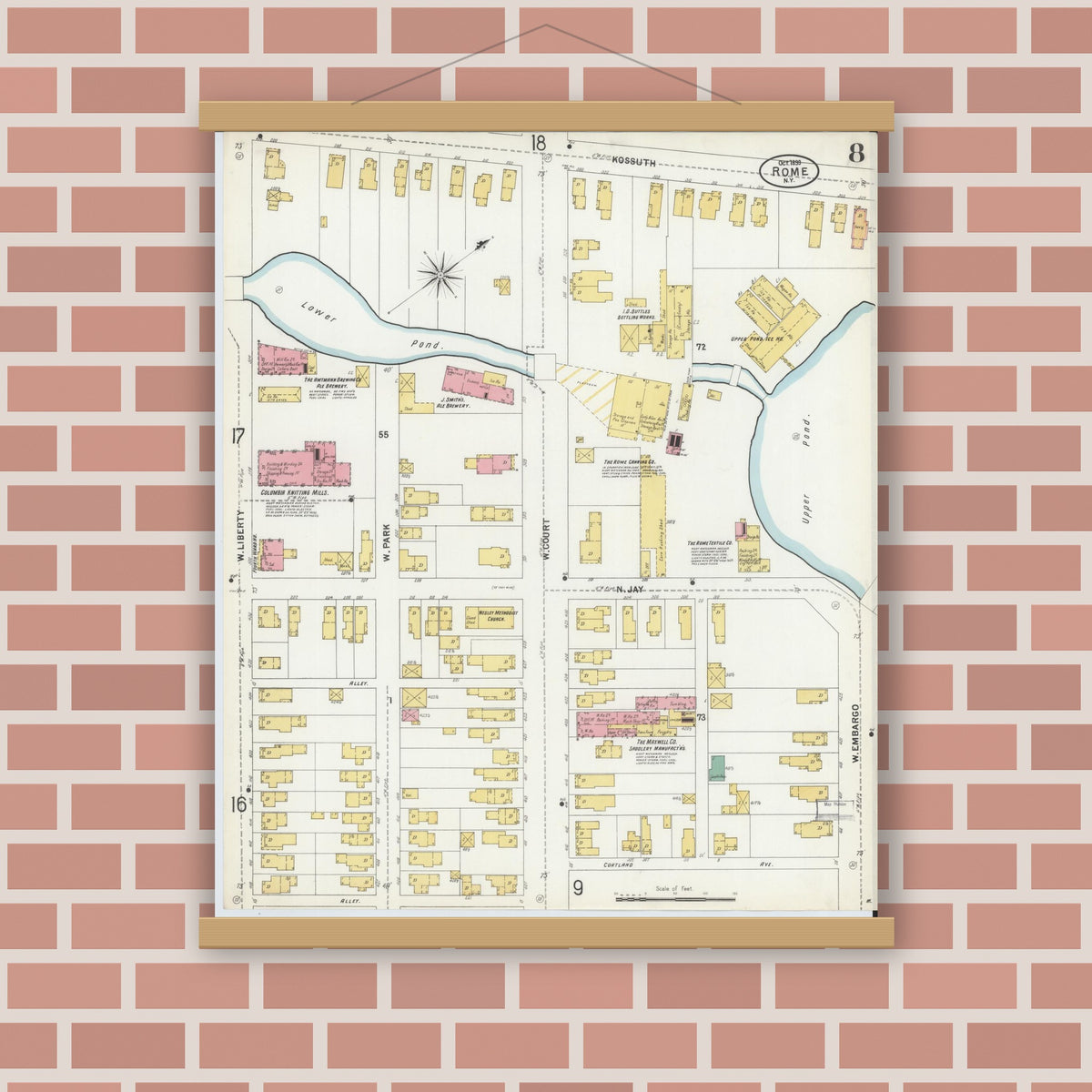 Old map wall art mockup — magnetic wood frame on brick wall — Sanborn Fire Insurance Map from Rome, Oneida County, New York (1899), Sheet #0008