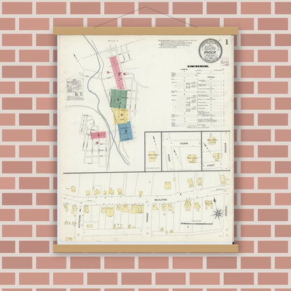 Old map wall art mockup — magnetic wood frame on brick wall — Sanborn Fire Insurance Map from Avoca, Luzerne County, Pennsylvania (1908), Sheet #0001