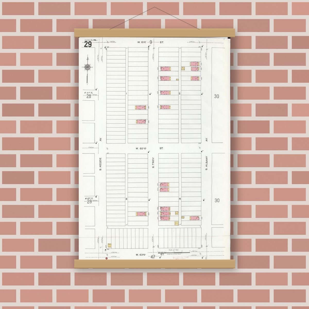 Old map wall art mockup — magnetic wood frame on brick wall — Sanborn Fire Insurance Map from Chicago, Cook County, Illinois (1920), Sheet #0029