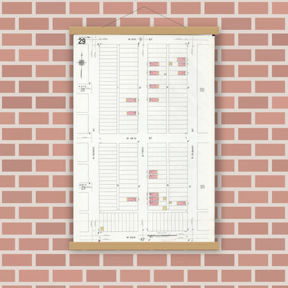 Old map wall art mockup — magnetic wood frame on brick wall — Sanborn Fire Insurance Map from Chicago, Cook County, Illinois (1920), Sheet #0029