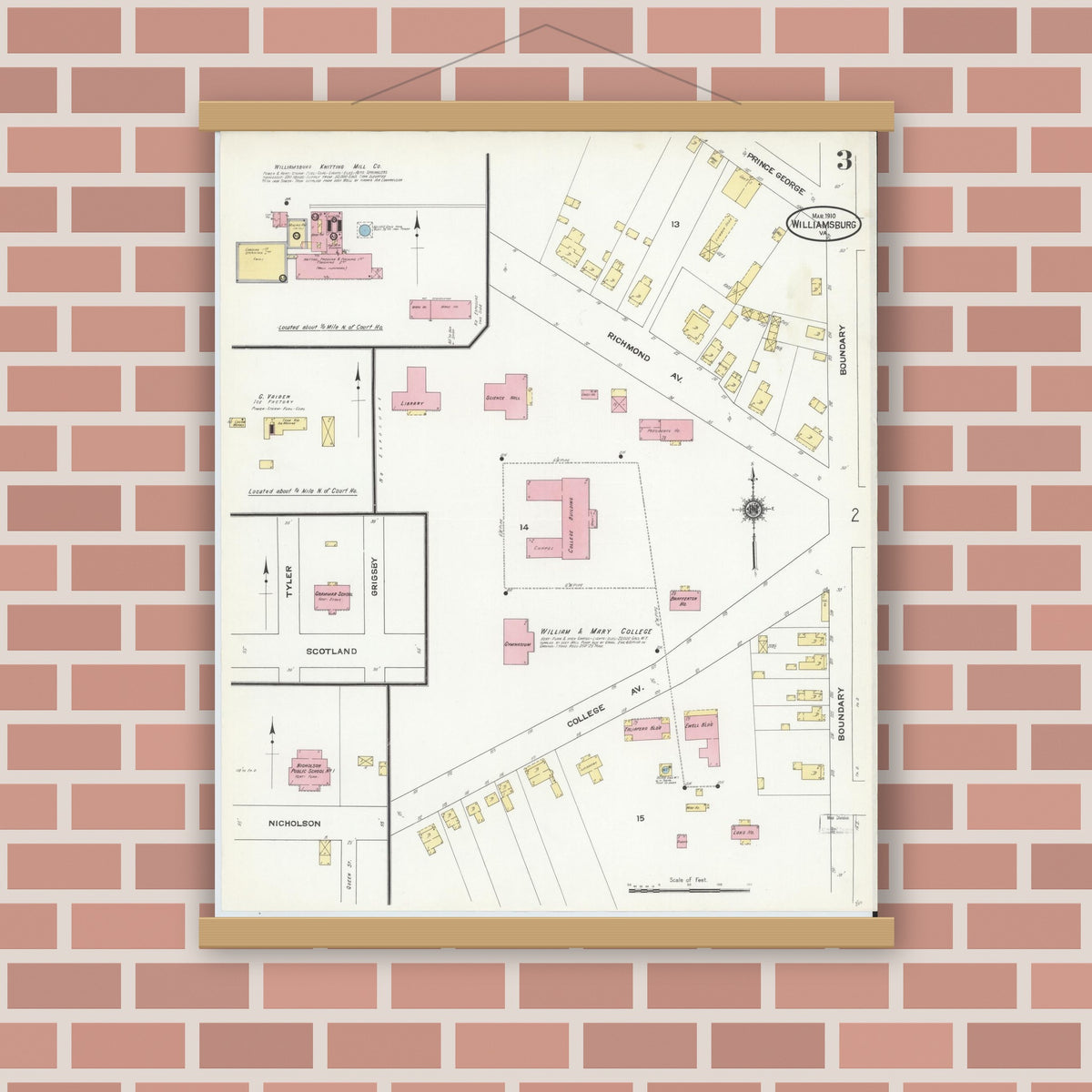 Old map wall art mockup — magnetic wood frame on brick wall — Sanborn Fire Insurance Map from Williamsburg, Independent Cities, Virginia (1910), Sheet #0003
