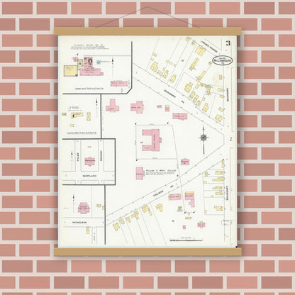 Old map wall art mockup — magnetic wood frame on brick wall — Sanborn Fire Insurance Map from Williamsburg, Independent Cities, Virginia (1910), Sheet #0003