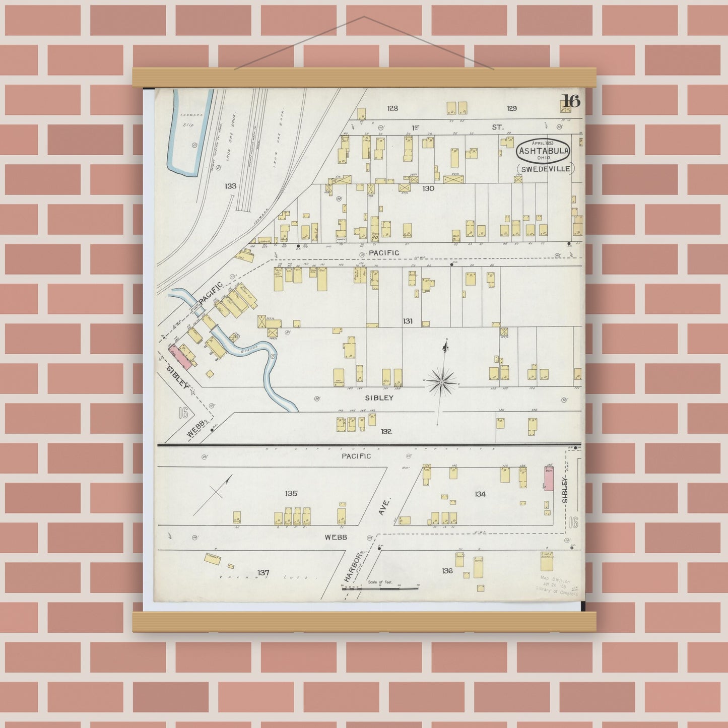 Old map wall art mockup — magnetic wood frame on brick wall — Sanborn Fire Insurance Map from Ashtabula, Ashtabula County, Ohio (1893), Sheet #0016