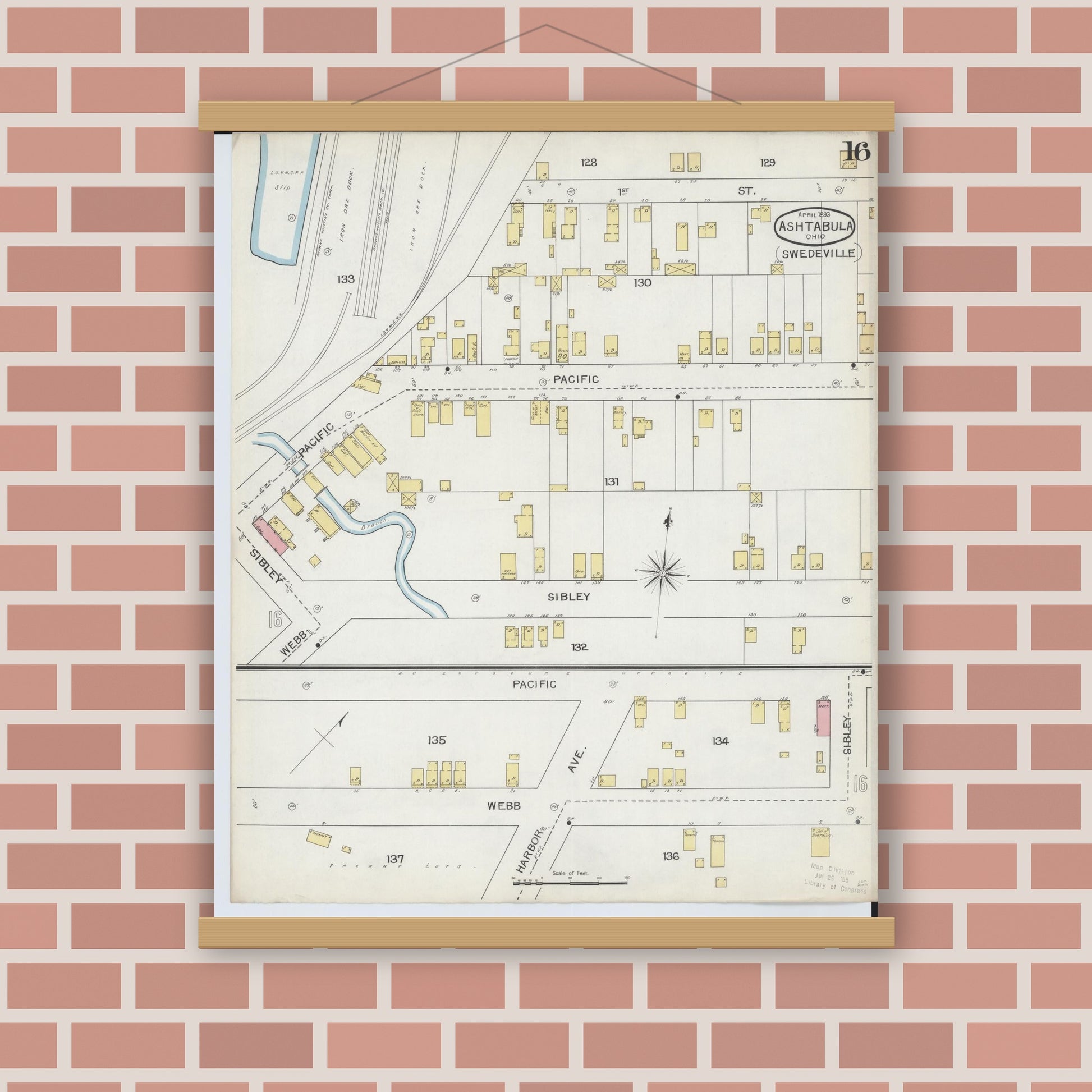 Old map wall art mockup — magnetic wood frame on brick wall — Sanborn Fire Insurance Map from Ashtabula, Ashtabula County, Ohio (1893), Sheet #0016