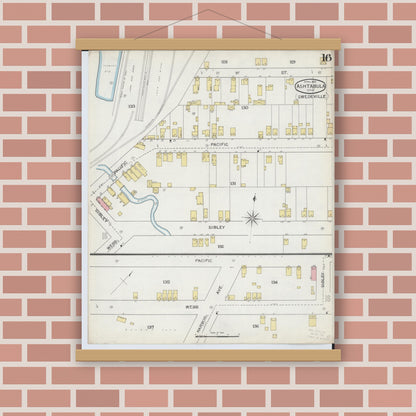 Old map wall art mockup — magnetic wood frame on brick wall — Sanborn Fire Insurance Map from Ashtabula, Ashtabula County, Ohio (1893), Sheet #0016