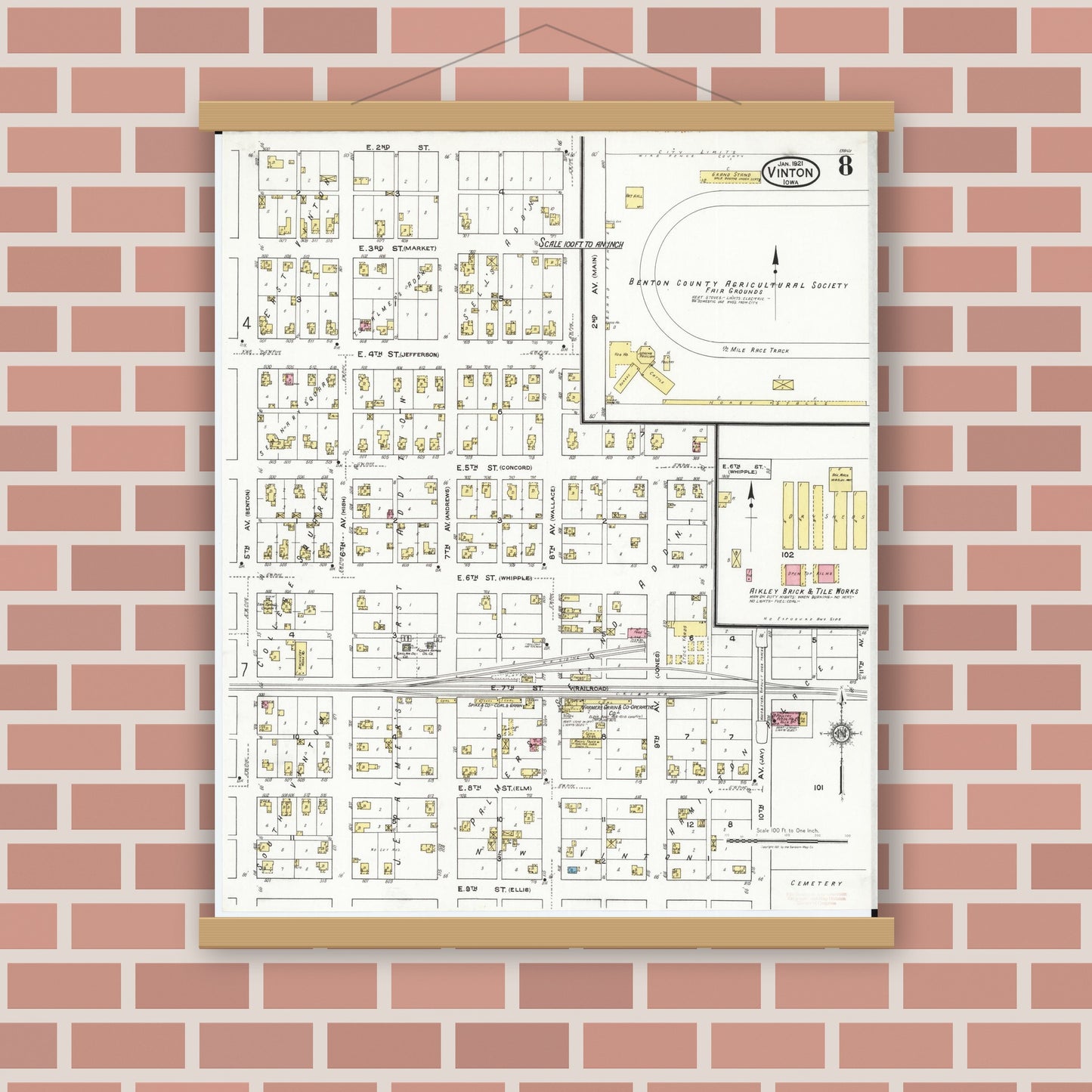Old map wall art mockup — magnetic wood frame on brick wall — Sanborn Fire Insurance Map from Vinton, Benton County, Iowa (1921), Sheet #0008
