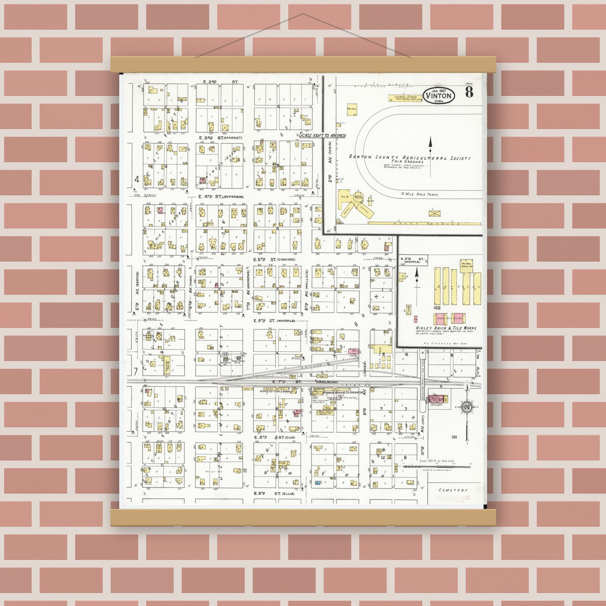 Old map wall art mockup — magnetic wood frame on brick wall — Sanborn Fire Insurance Map from Vinton, Benton County, Iowa (1921), Sheet #0008