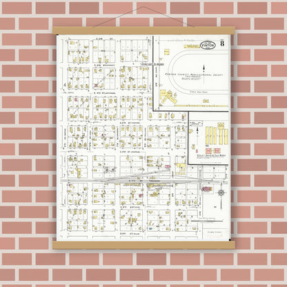 Old map wall art mockup — magnetic wood frame on brick wall — Sanborn Fire Insurance Map from Vinton, Benton County, Iowa (1921), Sheet #0008