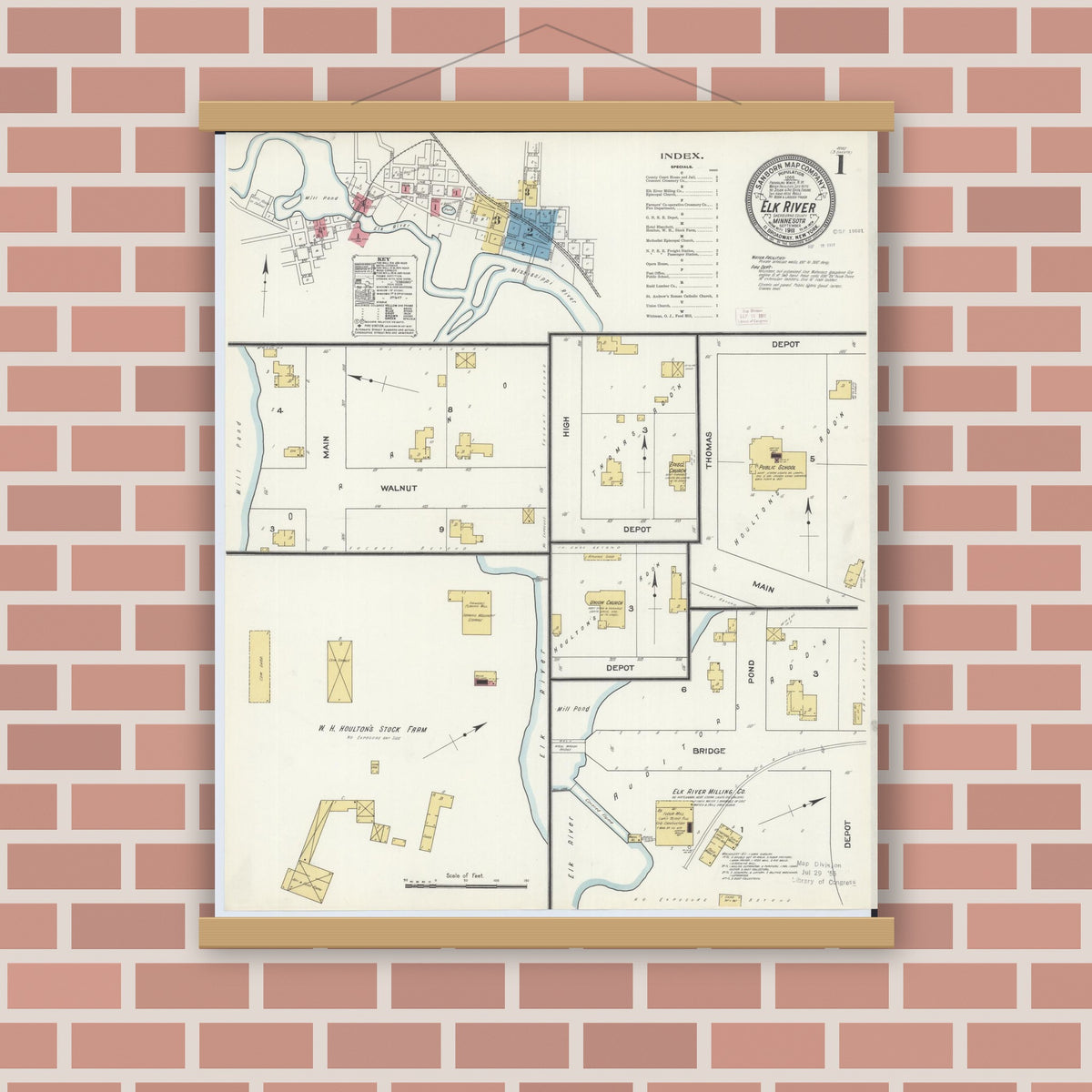 Old map wall art mockup — magnetic wood frame on brick wall — Sanborn Fire Insurance Map from Elk River, Sherburne County, Minnesota (1911), Sheet #0001