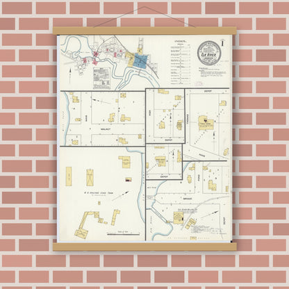 Old map wall art mockup — magnetic wood frame on brick wall — Sanborn Fire Insurance Map from Elk River, Sherburne County, Minnesota (1911), Sheet #0001