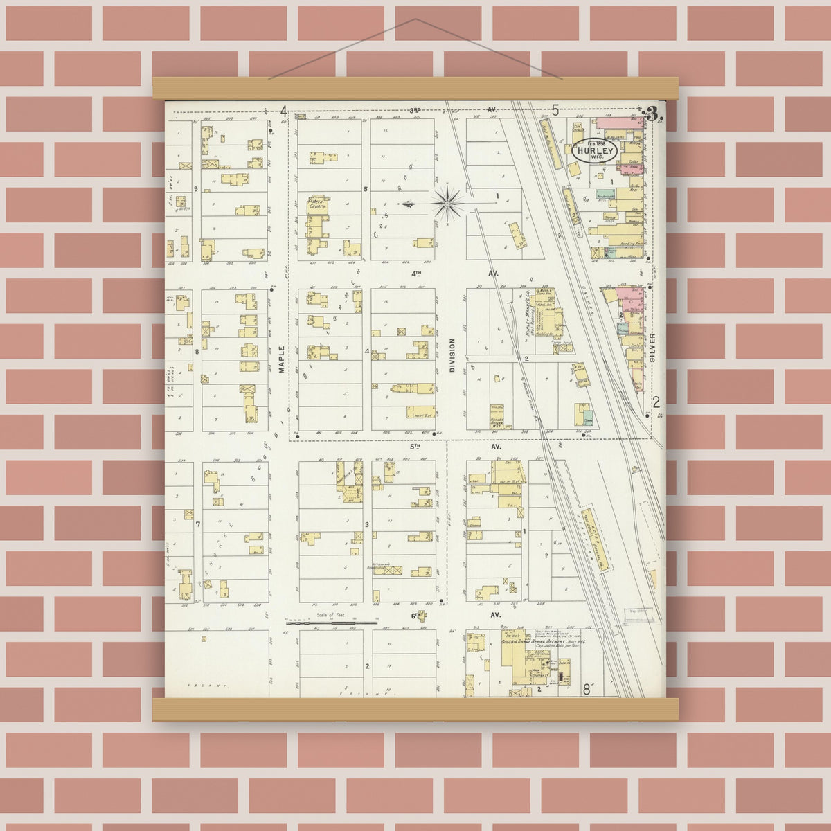 Old map wall art mockup — magnetic wood frame on brick wall — Sanborn Fire Insurance Map from Hurley, Iron County, Wisconsin (1898), Sheet #0003
