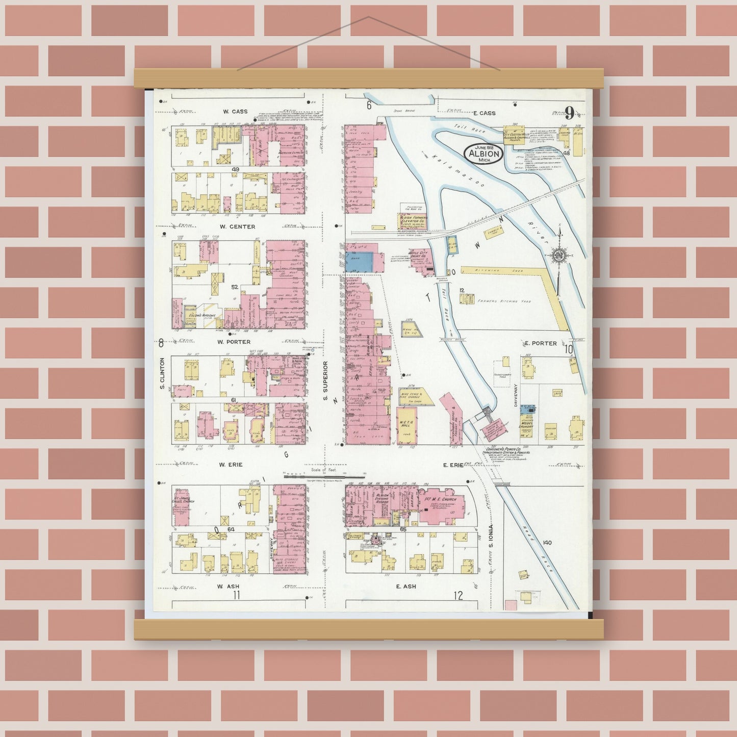 Old map wall art mockup — magnetic wood frame on brick wall — Sanborn Fire Insurance Map from Albion, Calhoun County, Michigan (1918), Sheet #0009