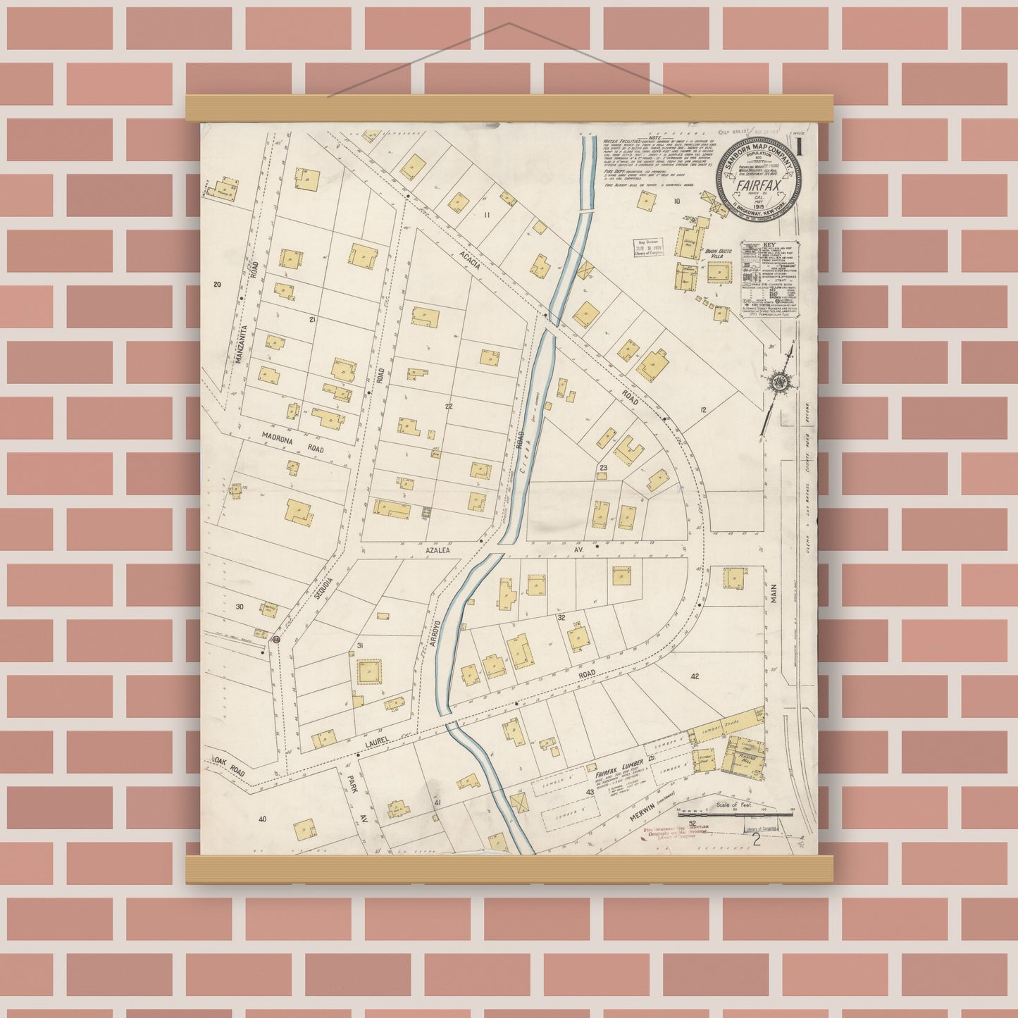 Old map wall art mockup — magnetic wood frame on brick wall — Sanborn Fire Insurance Map from Fairfax, Marin County, California (1919) - Complete Map Set