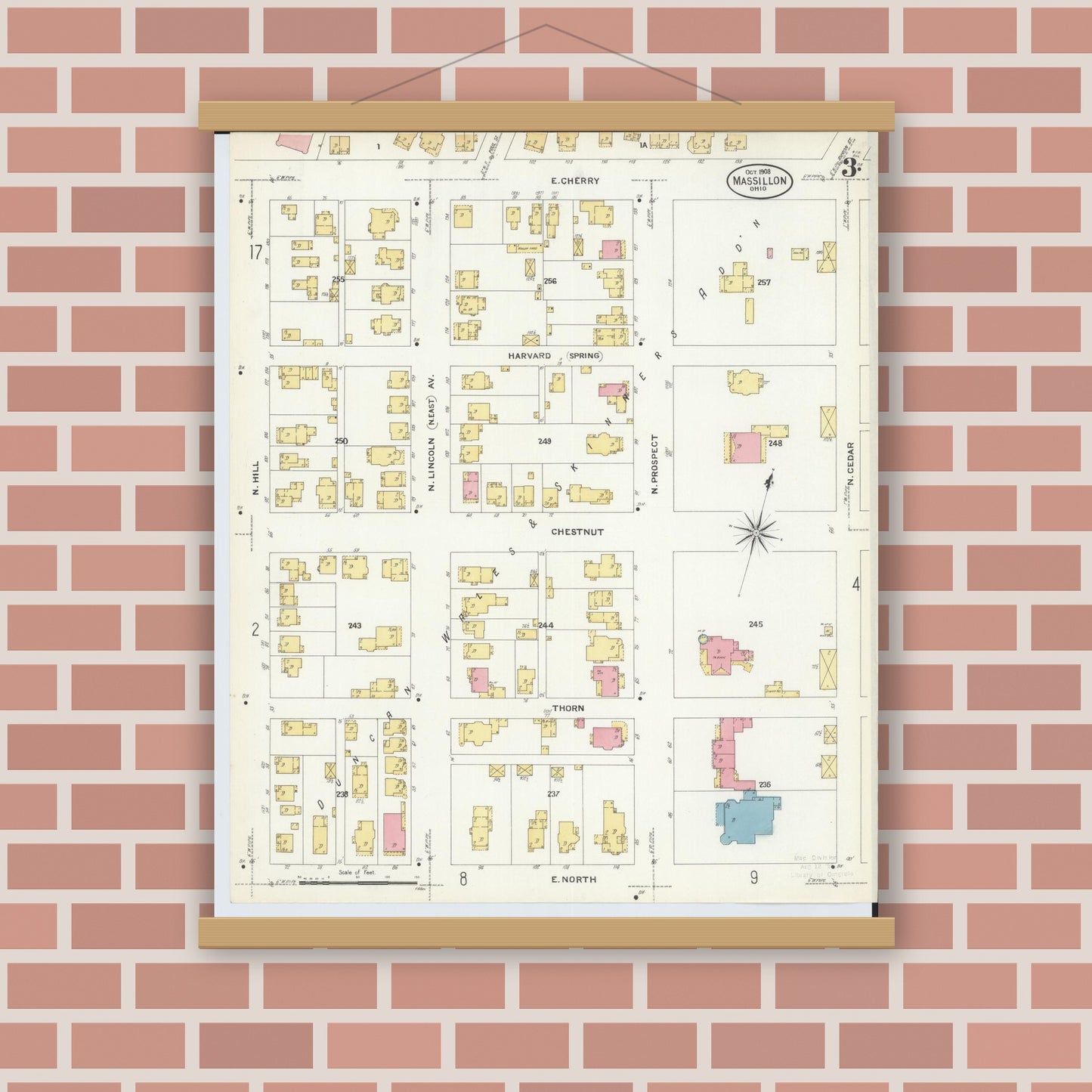 Old map wall art mockup — magnetic wood frame on brick wall — Sanborn Fire Insurance Map from Massillon, Stark County, Ohio (1908), Sheet #0003