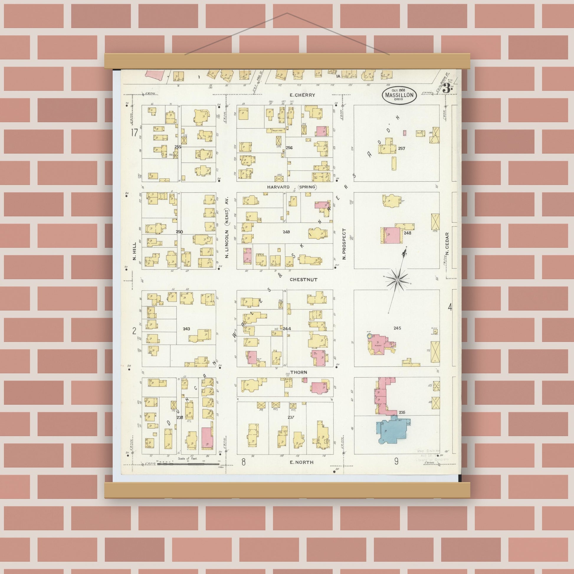 Old map wall art mockup — magnetic wood frame on brick wall — Sanborn Fire Insurance Map from Massillon, Stark County, Ohio (1908), Sheet #0003