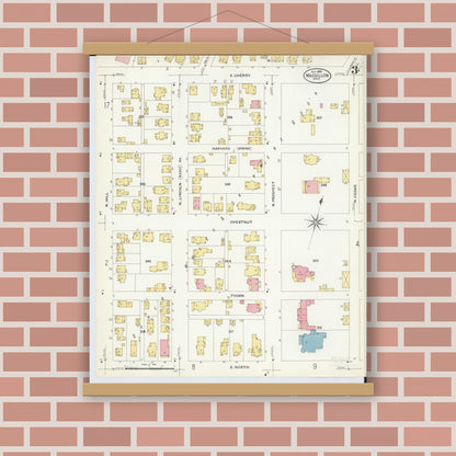 Old map wall art mockup — magnetic wood frame on brick wall — Sanborn Fire Insurance Map from Massillon, Stark County, Ohio (1908), Sheet #0003