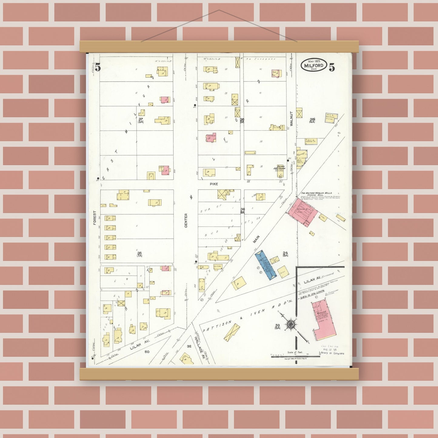 Old map wall art mockup — magnetic wood frame on brick wall — Sanborn Fire Insurance Map from Milford, Clermont And Hamilton County, Ohio (1925), Sheet #0005