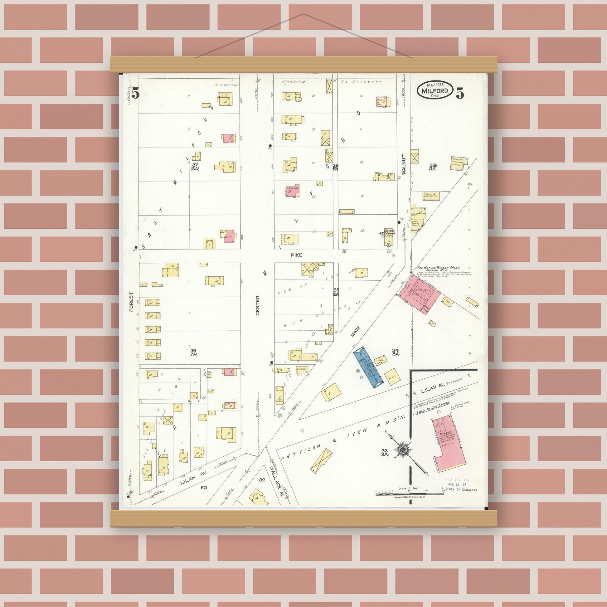 Old map wall art mockup — magnetic wood frame on brick wall — Sanborn Fire Insurance Map from Milford, Clermont And Hamilton County, Ohio (1925), Sheet #0005