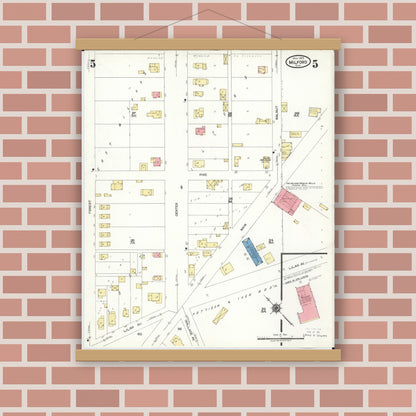 Old map wall art mockup — magnetic wood frame on brick wall — Sanborn Fire Insurance Map from Milford, Clermont And Hamilton County, Ohio (1925), Sheet #0005