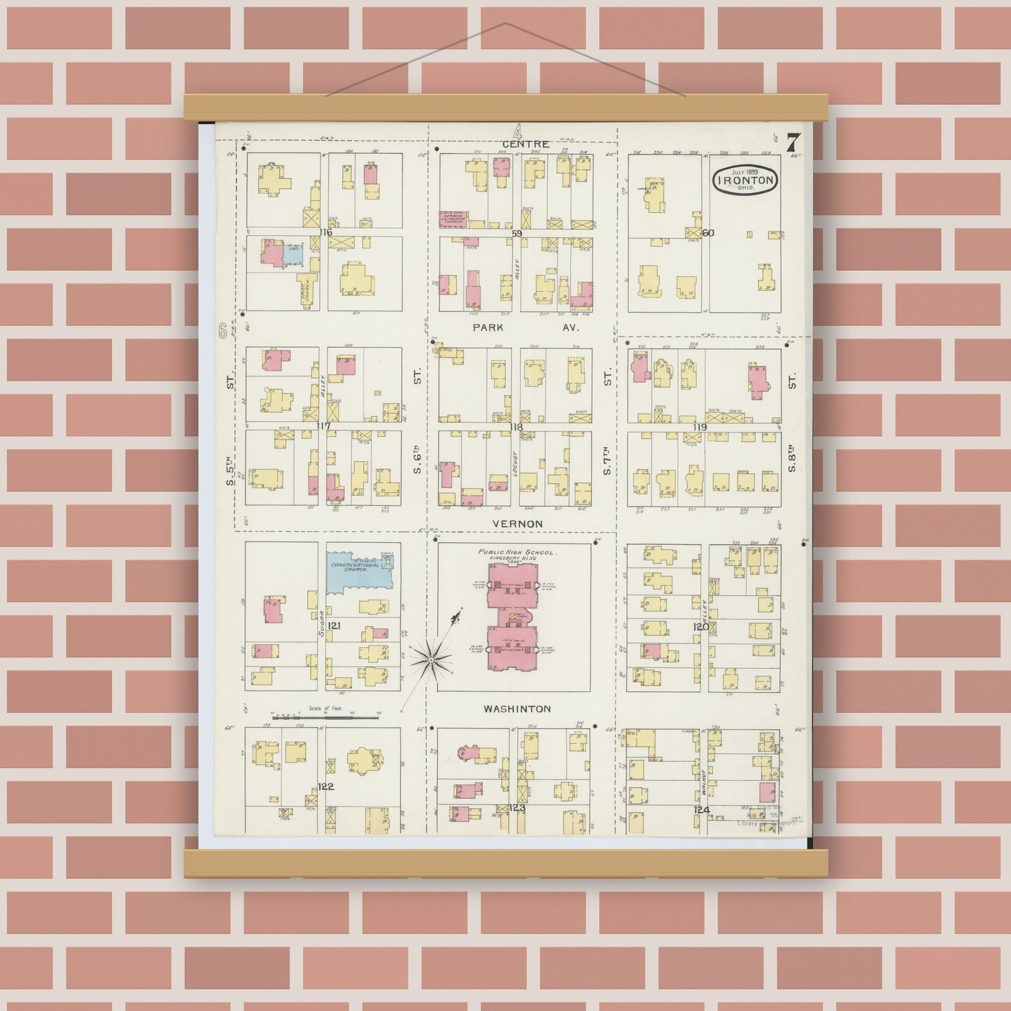 Old map wall art mockup — magnetic wood frame on brick wall — Sanborn Fire Insurance Map from Ironton, Lawrence County, Ohio (1893), Sheet #0007