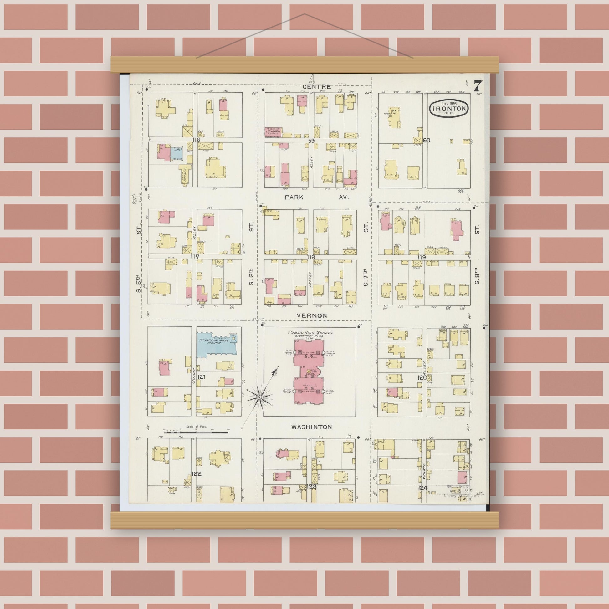 Old map wall art mockup — magnetic wood frame on brick wall — Sanborn Fire Insurance Map from Ironton, Lawrence County, Ohio (1893), Sheet #0007