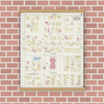 Old map wall art mockup — magnetic wood frame on brick wall — Sanborn Fire Insurance Map from Ironton, Lawrence County, Ohio (1893), Sheet #0007
