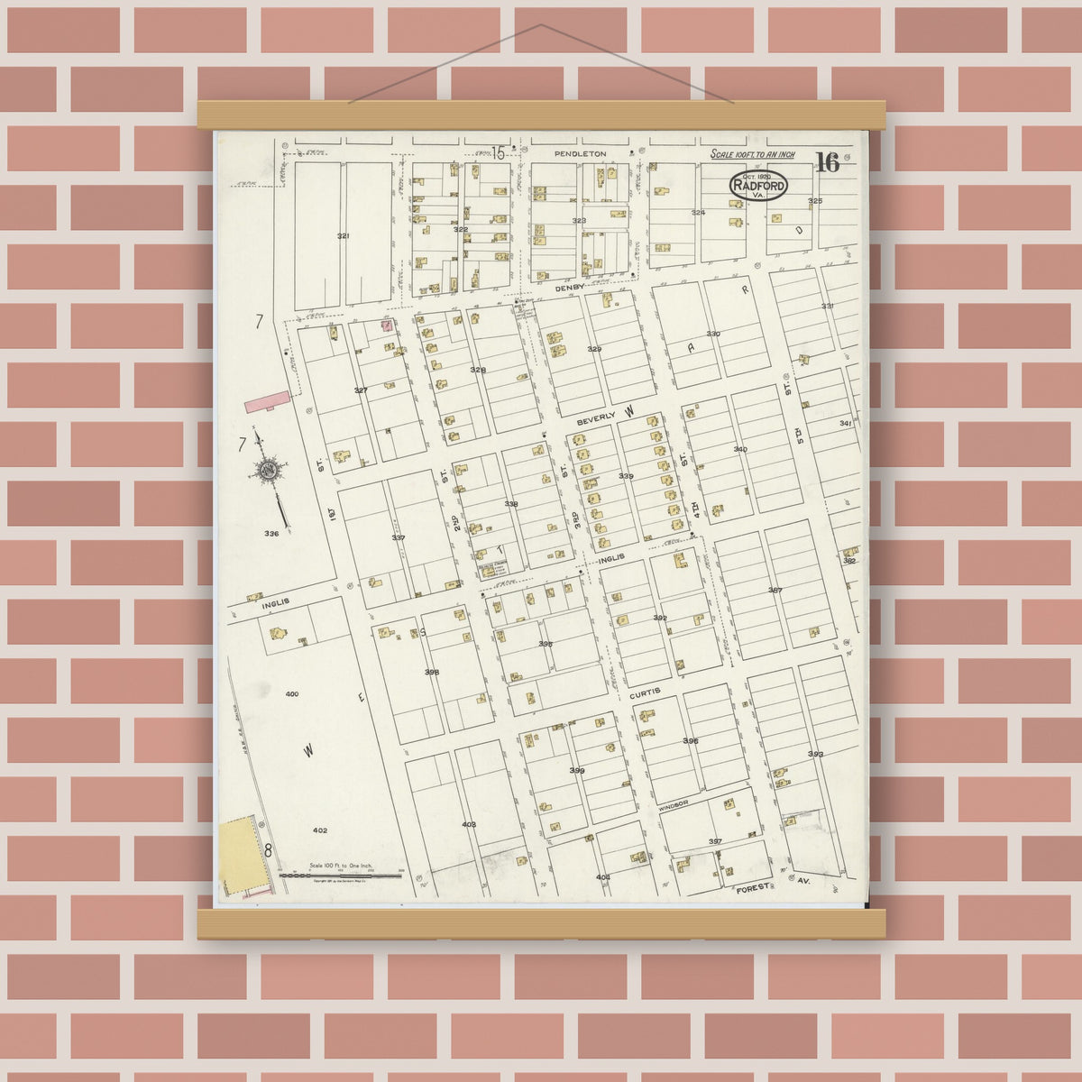 Old map wall art mockup — magnetic wood frame on brick wall — Sanborn Fire Insurance Map from Radford, Independent Cities, Virginia (1920), Sheet #0016