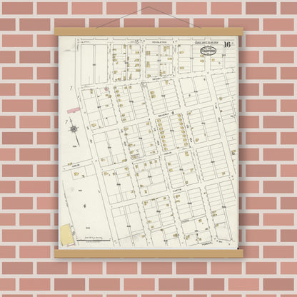 Old map wall art mockup — magnetic wood frame on brick wall — Sanborn Fire Insurance Map from Radford, Independent Cities, Virginia (1920), Sheet #0016