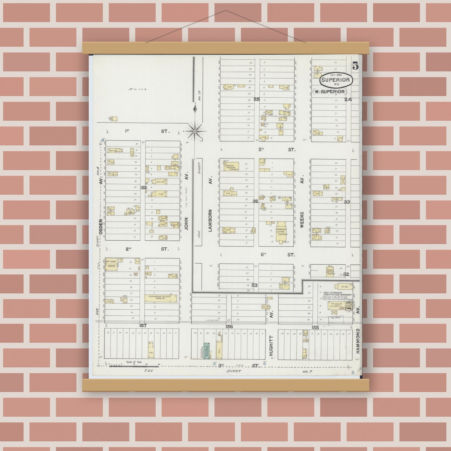 Old map wall art mockup — magnetic wood frame on brick wall — Sanborn Fire Insurance Map from Superior, Douglas County, Wisconsin (1889), Sheet #0005