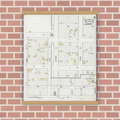 Old map wall art mockup — magnetic wood frame on brick wall — Sanborn Fire Insurance Map from Superior, Douglas County, Wisconsin (1889), Sheet #0005