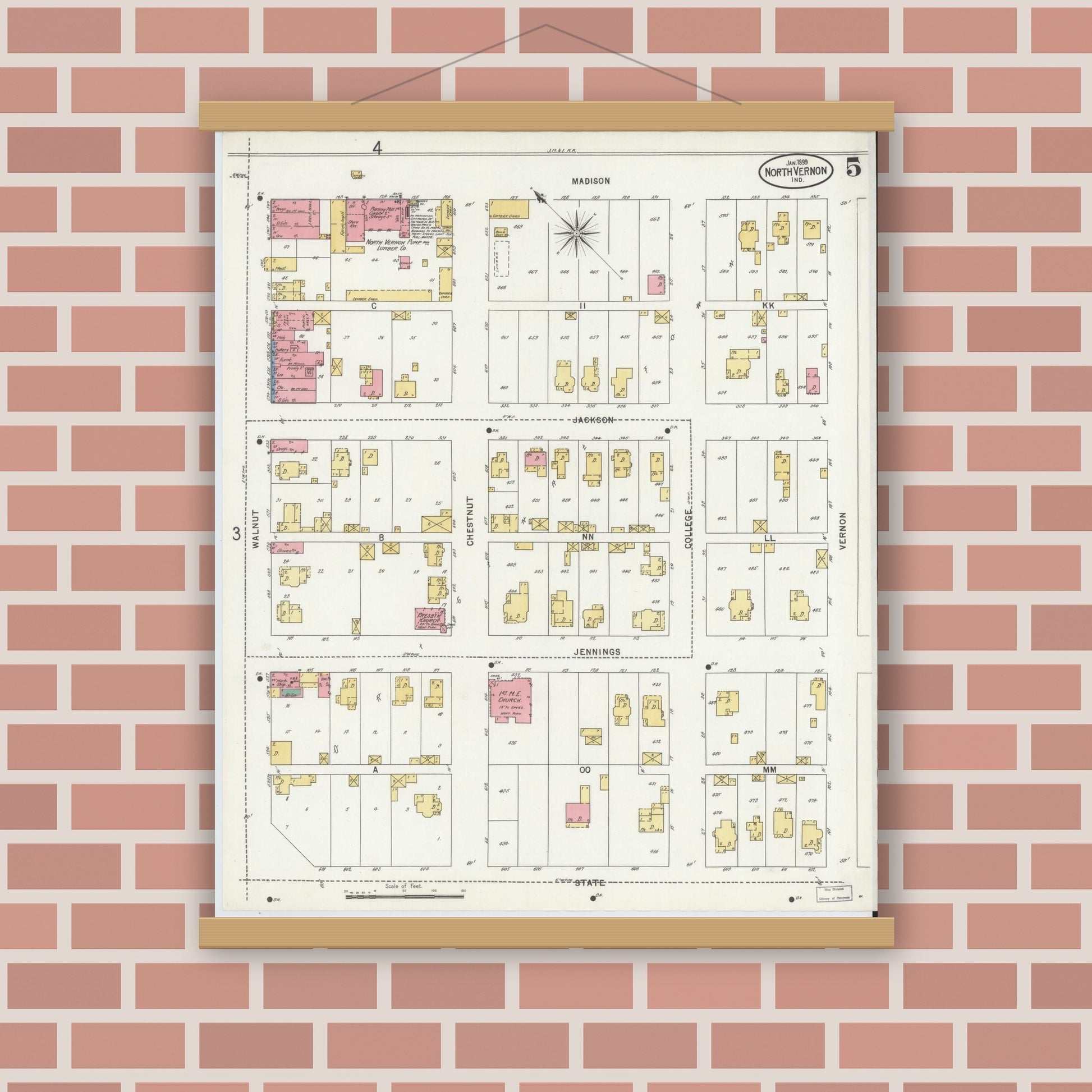 Old map wall art mockup — magnetic wood frame on brick wall — Sanborn Fire Insurance Map from North Vernon, Jennings County, Indiana (1899), Sheet #0005